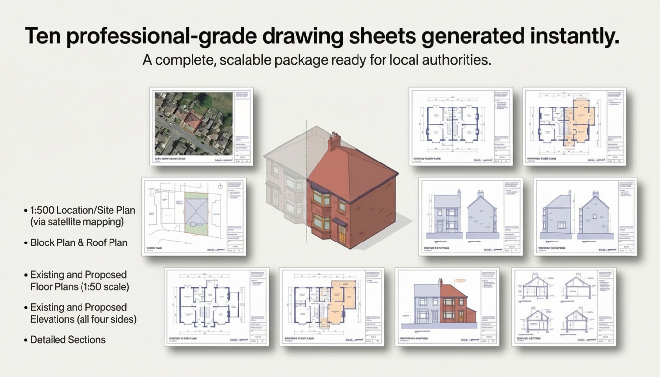 Ten professional-grade architectural drawing sheets generated by PLANIT, including location plan, block plan, floor plans, elevations, and sections